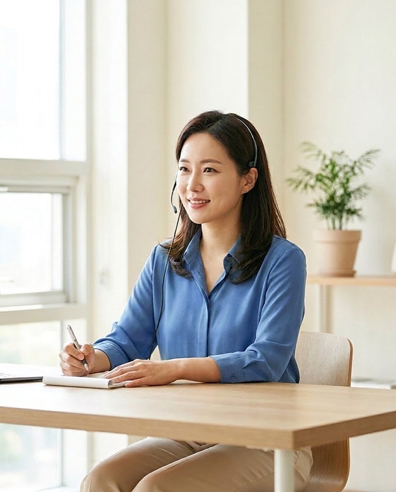 케어매니저가 밝은 사무실에서 헤드셋을 착용하고 보호자와 전화 상담을 하며 메모하는 모습
